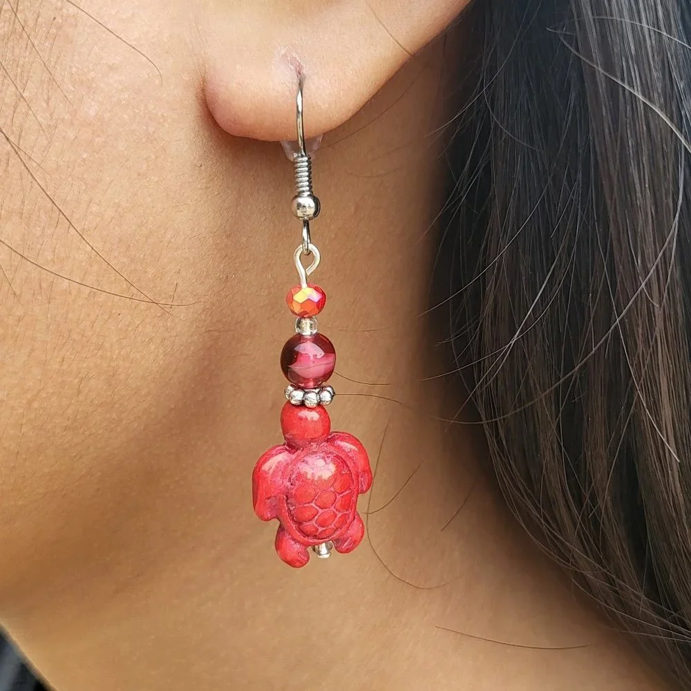 Malak Jewelry Women's Red Ceramic Turtle Dangle Earrings Handmade‎ Silver Plated